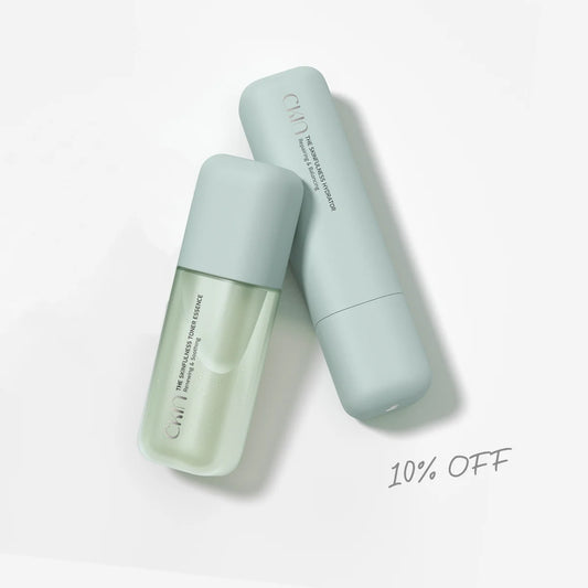 Two light blue skincare bottles on a white background with '10% OFF' text.